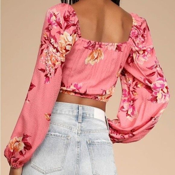 NWT Lulus Cheerful Disposition Pink Floral Print Lace-Up Crop Top Size Small - Picture 10 of 11